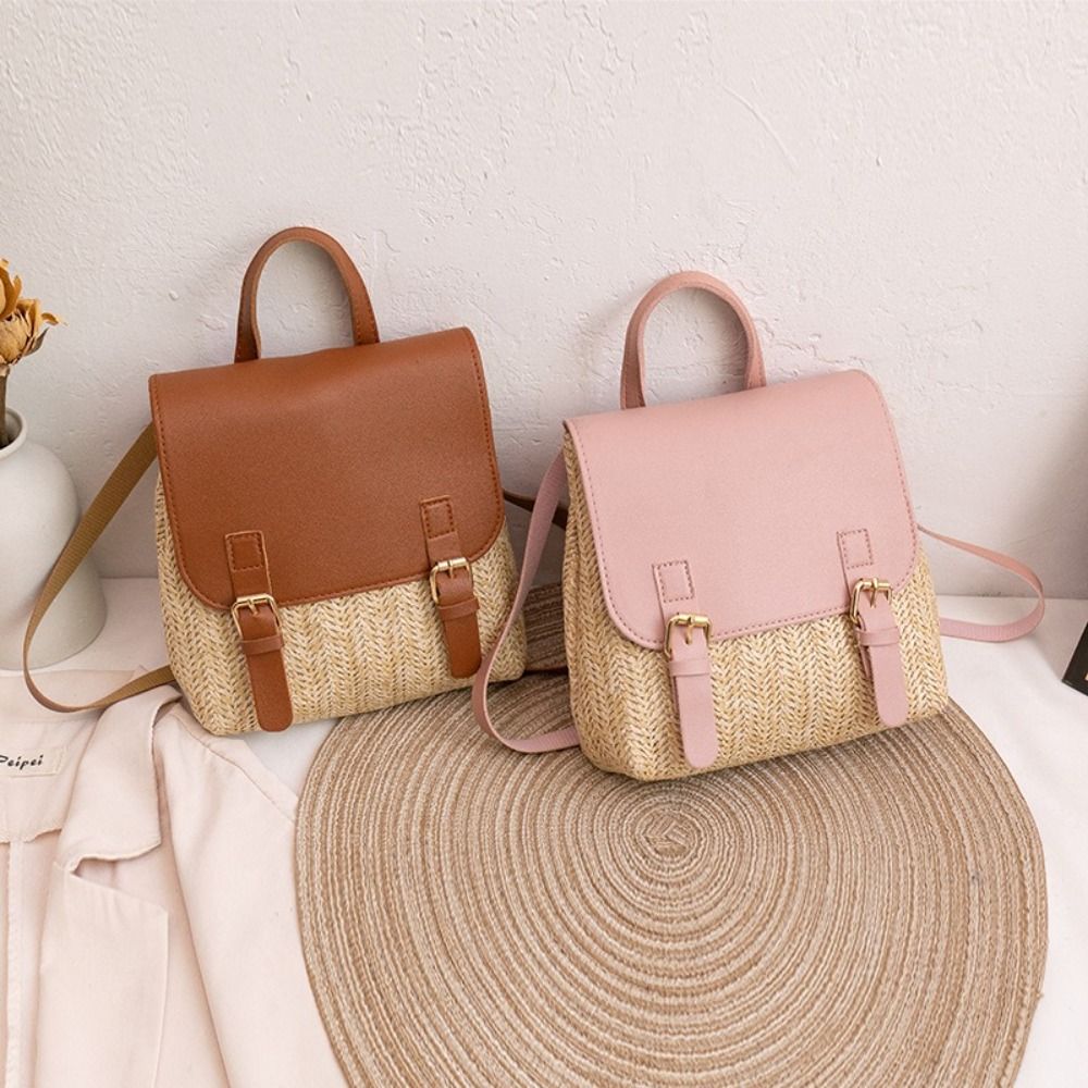 Fashion PU Leather Straw Backp - Leather Backpack Vintage avaliação e preço